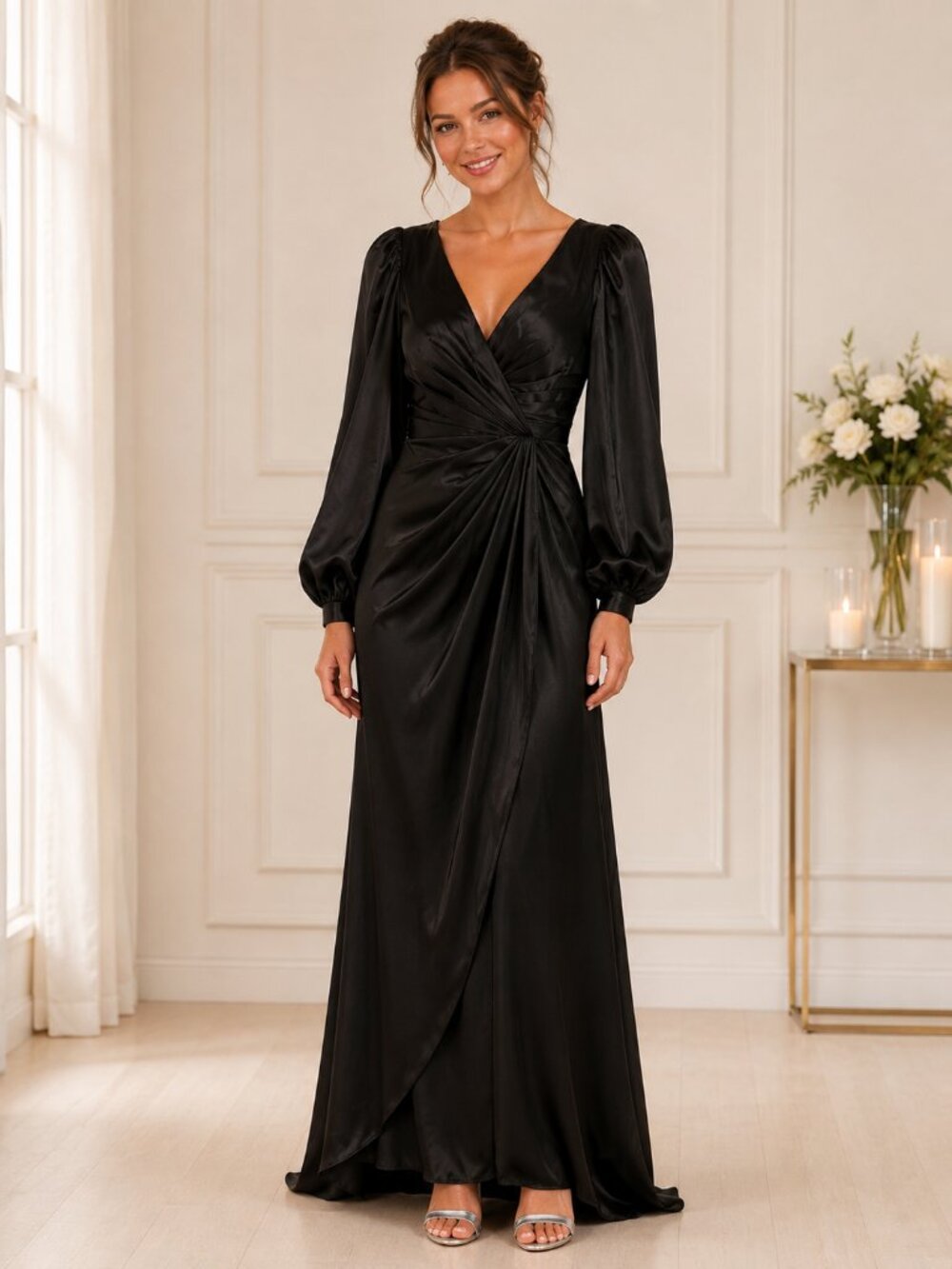 Elegant Black Long Sleeve Satin Wrap Dress Party Cocktail Halloween